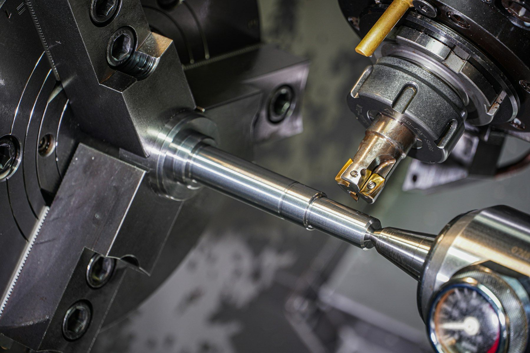 Lathe machining a steel shaft